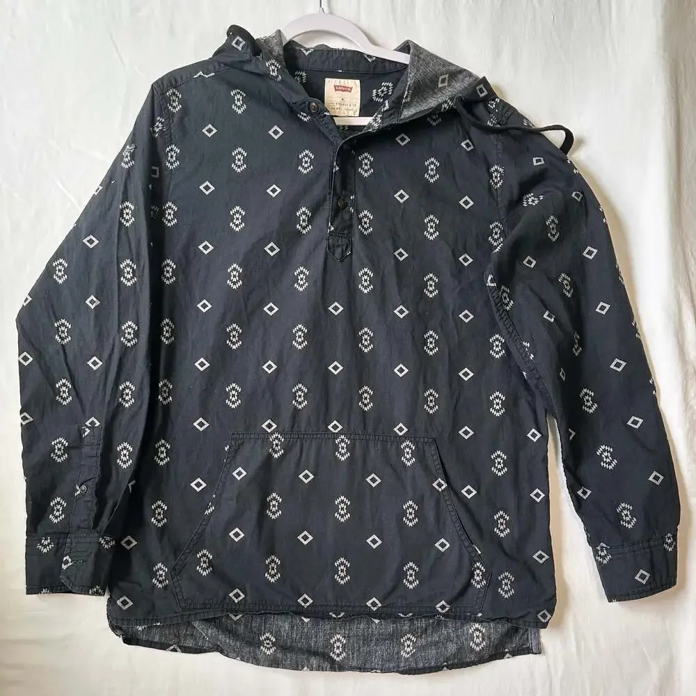 Levi's Men's Black Geometric Print Long Sleeve Pullover Hooded Shirt